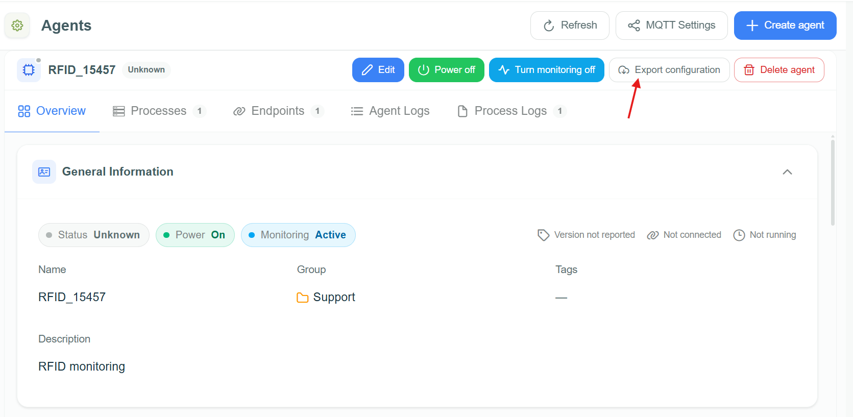 Agent header with the Export configuration button highlighted